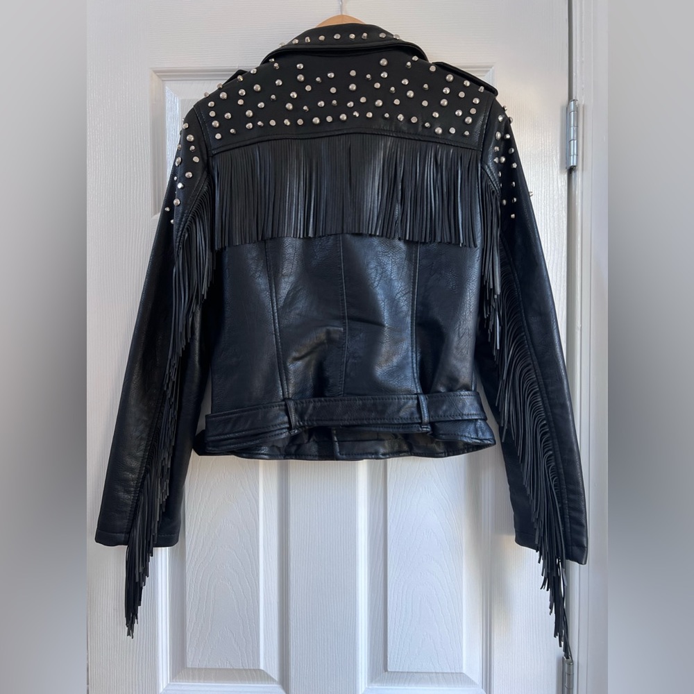 PINK ROSE Black Studded Fringe Leather Moto Jacket - Picture 9 of 10